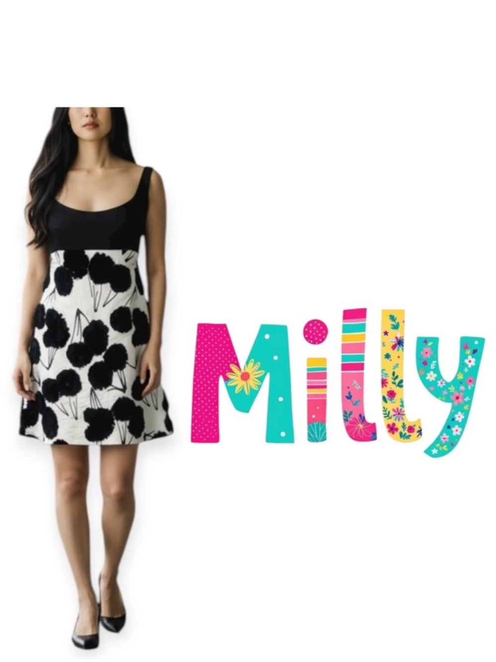 Milly black and white retro baby doll cocktail dress size 4 - Picture 1 of 13